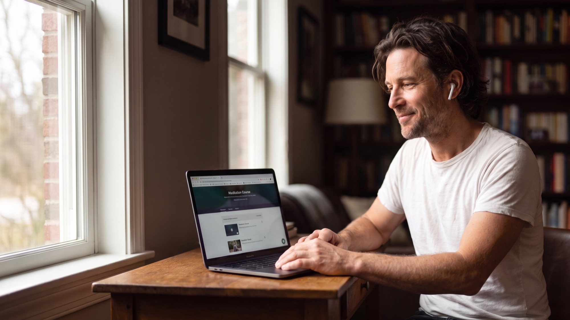 A seeker taking an online course at a laptop.